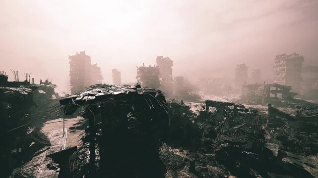 Barren war zone, Desolate battlefield with smoldering ruins and mist, Vacant fields marked by charred debris and dense fog conceal fallen structures