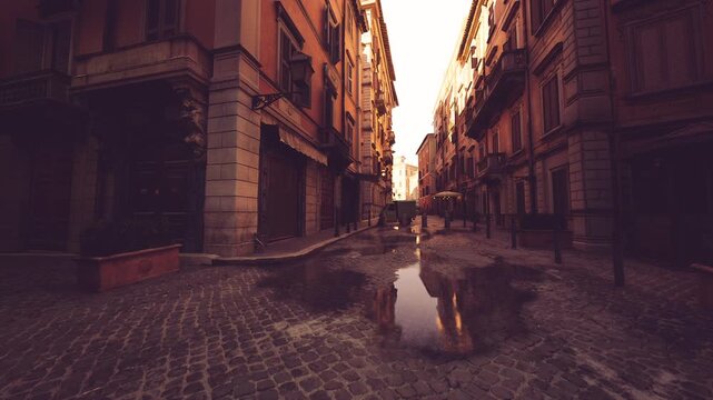 streetlamplit cobblestone alley with parked red scooter and warm amber glow, compact storefronts and wet stones create nostalgic courier moment, ideal