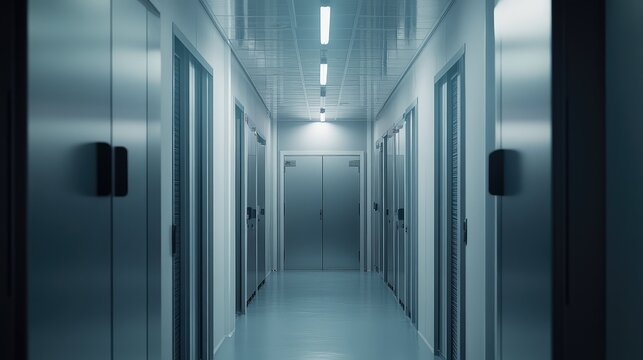 Long corridor inside a modern data center, featuring rows of secure server equipment racks, illustrating advanced technology, internet infrastructure, and cloud computing