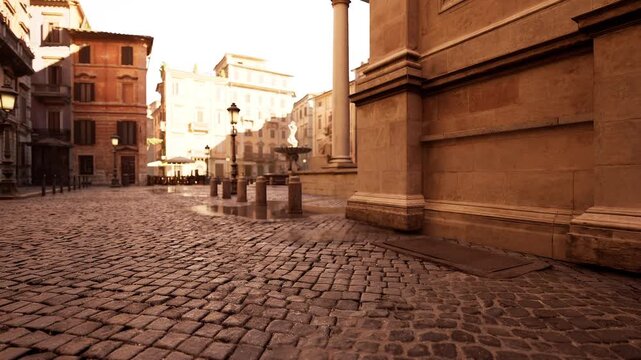 colonnade and bollards leading into piazza soft golden light and long columns framing silent square historic masonry and balanced architectural lines