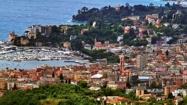 Telephoto drone shot of the Italian Riviera resort town of Rapallo, sunny day