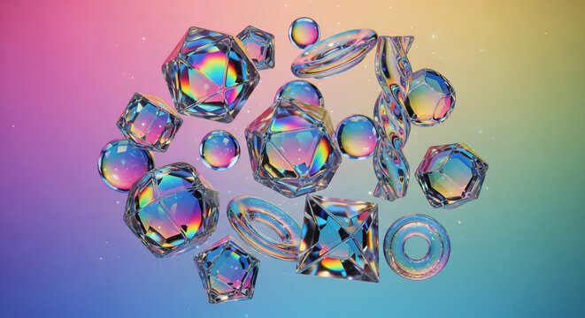 Abstract 3D Render of Floating Iridescent Glass Geometric Shapes