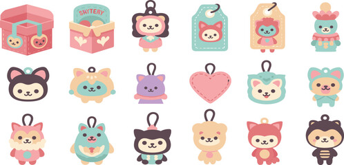 Fototapeta premium Cute Animal Charms and Tags Featuring Adorable Designs and Colorful Characters