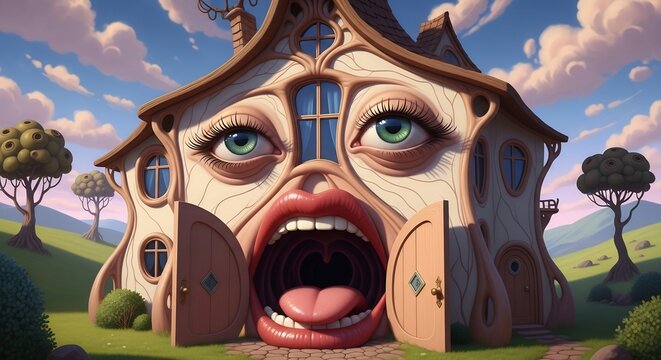 Playful digital illustration of a whimsical house with a face, featuring large eyes, a wide open mouth, and a comical expression, set in a vibrant landscape with rolling hills.