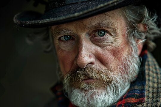 Close up portrait of a mountain man with striking blue eyes, wearing a hat and a plaid shirt, conveying a sense of ruggedness and wisdom