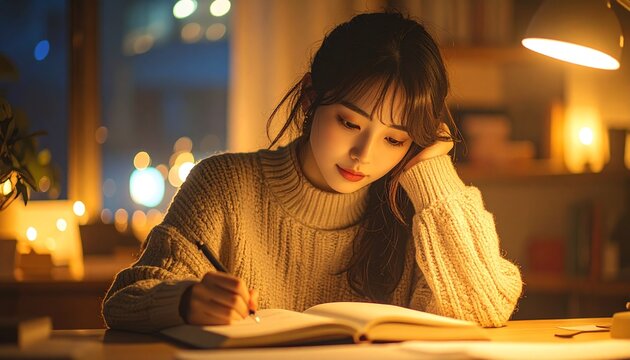 Japanese Woman Journaling at Her Desk at Night, Looking Down at Notebook