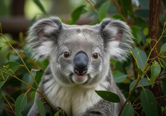 Fototapeta premium Closeup portrait of a fluffy koala bear sitting in a eucalyptus tree
