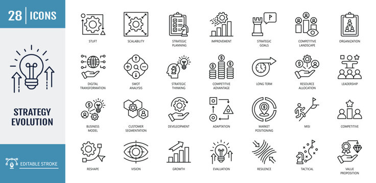 Strategy evolution icon set. Icons related to growth, transformation, adaptation, change, progress, development, innovation. Outline icon set. Vector illustration with editable stroke