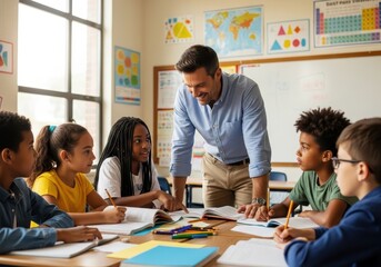 Fototapeta premium A smiling teacher helping a diverse group of elementary school students with their studies in a classroom setting