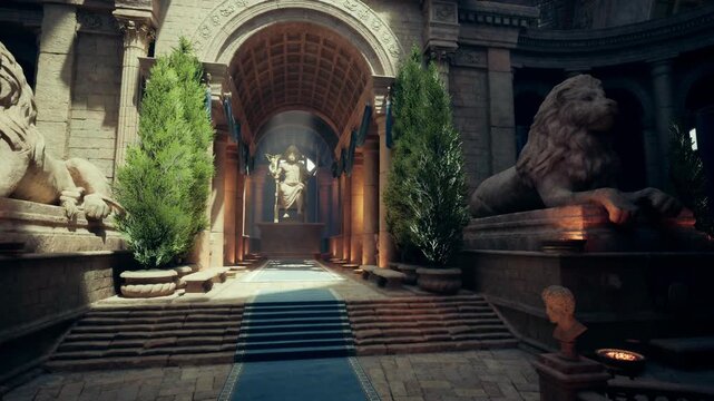 Golden vaulted hall with deep shadows, sunbeams cutting through arch, textured stone steps, restoration team scouting materials, cinematic contrast for premium