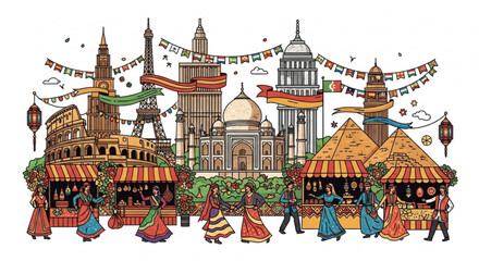 Obraz premium Vibrant indian street festival scene with colorful buildings people and market stalls festive atmosphere