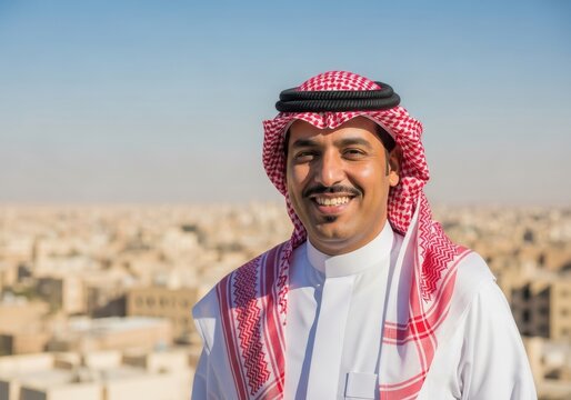 Portrait of a smiling saudi arabian man wearing traditional white thobe and red and white shemagh headscarf
