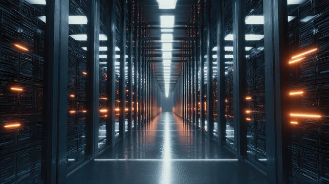 Server farm data center featuring rows of computer racks and storage units, highlighting advanced network connectivity, digital information transfer, and modern technology infrastructure