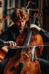 Fototapeta premium A cellist practices attentively in the rehearsal room, with soft sunlight gently illuminating the instrument