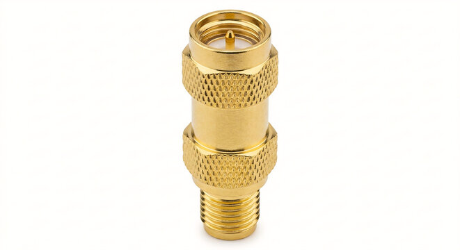 Extreme macro of a gold-plated SMA male-to-female coaxial attenuator. The body features a fine knurled texture with a visible internal dielectric and central gold pin.