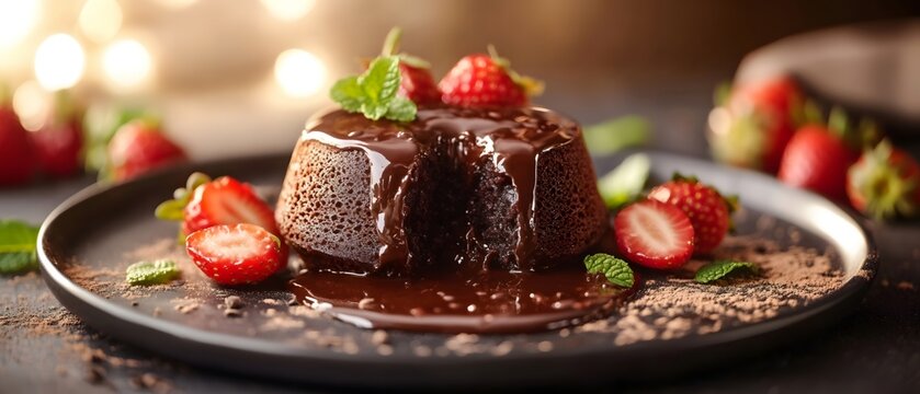 The chocolate lava cake has a smooth surface, and when cut open