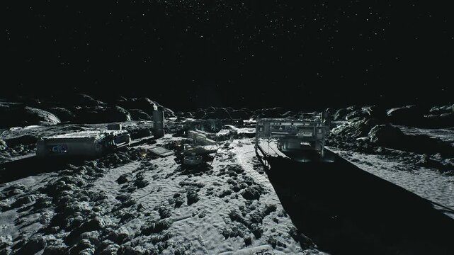 Sunlit lunar construction site with modules and robotic cranes laying foundation across dusty regolith, rovers and cargo pallets marking tracks, reflective