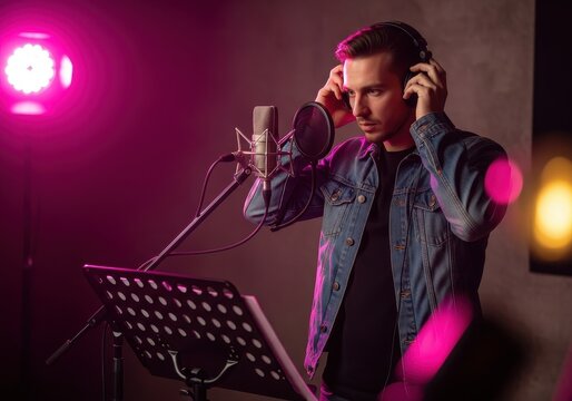 Professional male voice actor recording in a modern studio with headphones and a highquality condenser microphone