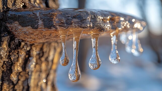Frozen icicles dripping from a tree branch in winter forest