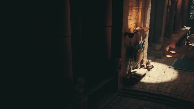 Shadowed offering alcove with lit brazier and floral garlands, small shrine niche cast in warm amber light, intimate devotional atmosphere with petals, bowls