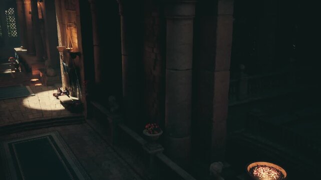Silent stone passage with low braziers and long rugs, columns rising into shadow, soft late light filtering through screens, intimate atmosphere perfect