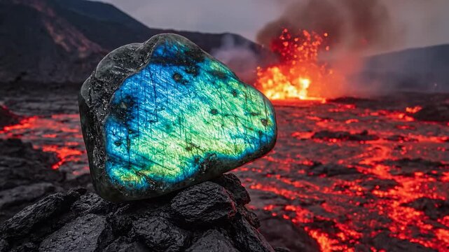Labradorite Gemstone Against a Fiery Volcano Eruption
