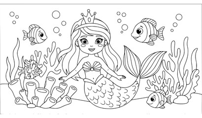 Cute mermaid underwater princess coloring page outline vector illustration isolated on white background © MD HAJIRUDDIN