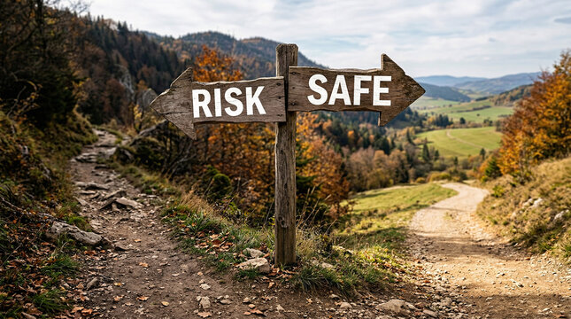 Wooden signpost points left to "Risk," right to "Safe." Paths split through autumn hills and misty valleys. Natural light bathes forested slopes