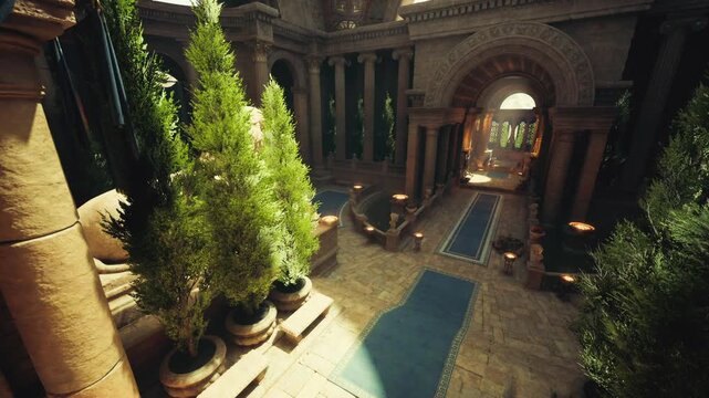 Sunlit gallery corridor with potted cypress and elegant arches, marble floor lined with decorative rugs, filtered light through canopy creating rhythmic shadow