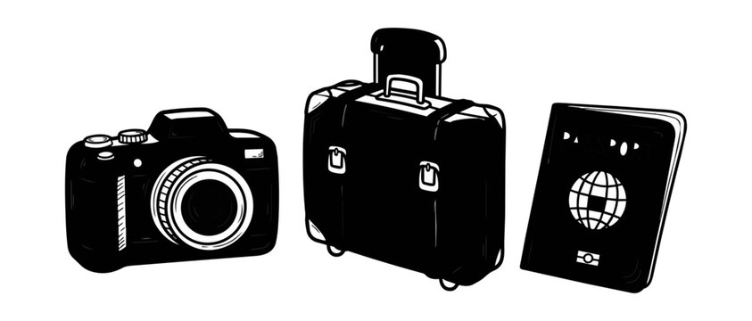Travel essentials silhouette camera suitcase passport vector illustration