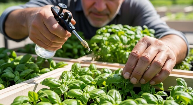 Gardener Nurturing Young Basil Plants with a Sprayer in an Urban Organic Herb Garden