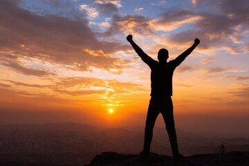 Fototapeta premium Victorious Person Raising Arms on Mountain Summit
