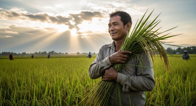 Content Asian Farmer Proudly Holds Freshly Harvested Rice Stalks in Golden Sunset Field