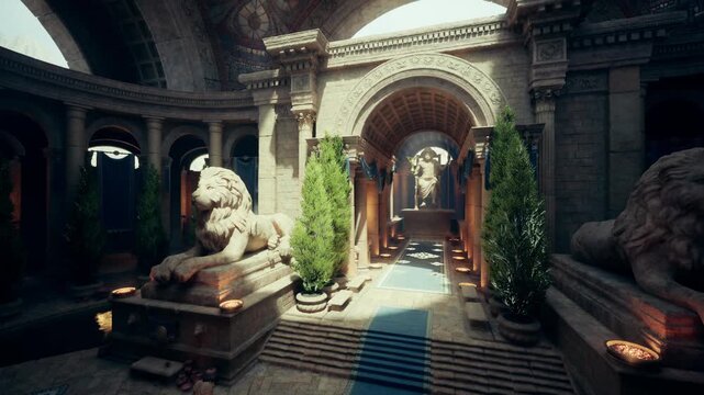 Elegant hotel entrance with marble lions, blue runner and vaulted archway, boutique hospitality vibe with skylight glow, polished mosaic floor and decorative