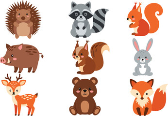 Naklejka premium Cute Wild and Woodland Animal Vector Character Set Featuring Lion Elephant Giraffe Fox and Bear for Kids Educational Media and Creative Graphic Design Projects