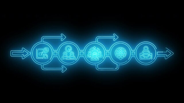 Glowing blue flowchart diagram with icons on a black background, illustrating a process or workflow.