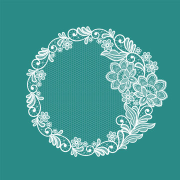 Round llace decoration element.White lace flowers frame.Vector handmade white lace branches with flowers.