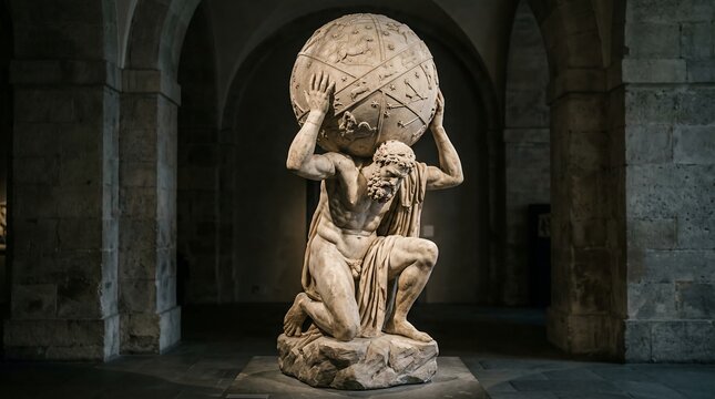 Atlas statue holding up the celestial sphere in a museum