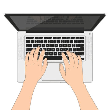 Overhead view of hands typing on a laptop keyboard, digital communication concept