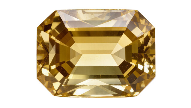 Emerald cut yellow sapphire gemstone faceted and brilliant, isolated on transparent background
