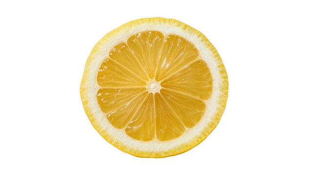 Bright yellow lemon slice with visible segments and rind, isolated on transparent background