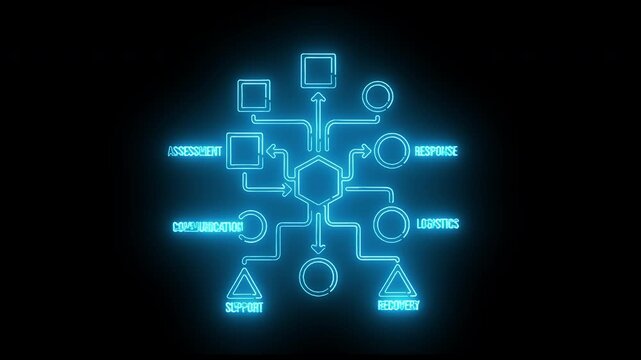 Glowing blue flowchart diagram on a black background with neon lines and shapes.