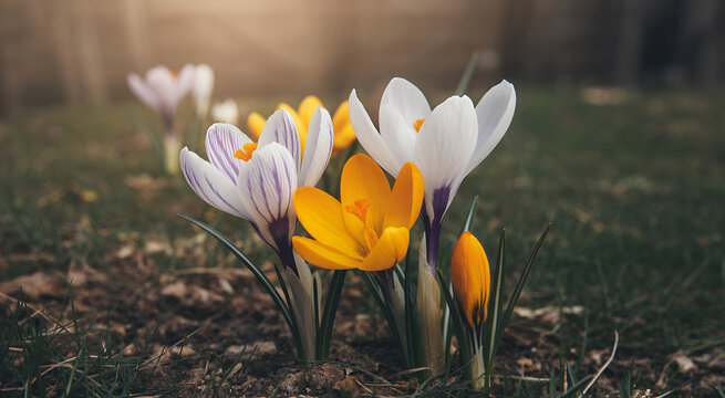 Yellow and white crocus flowers blooming in the garden during the early spring season