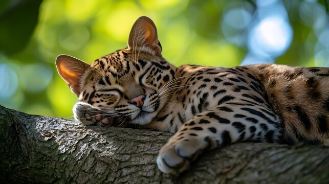 A leopard cat rests quietly on a tree branch, bathed in soft sunlight