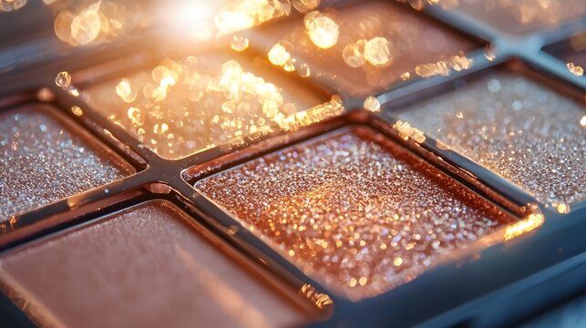 A close-up of a refined eyeshadow palette, with delicate powder shimmering under the light