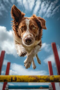 A dog is intently jumping over obstacles with a determined gaze, surrounded by blue skies and white clouds