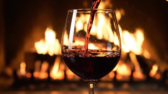 A glass of red wine is being poured by the fireplace indoors.