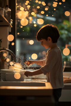 A child washes dishes with a dreamy, glowing atmosphere