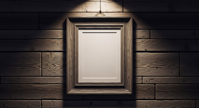 A high-quality 16 x 20 frame mockup mounted on a rustic weathered wood wall featuring dramatic overhead spotlighting perfect for displaying your artwork