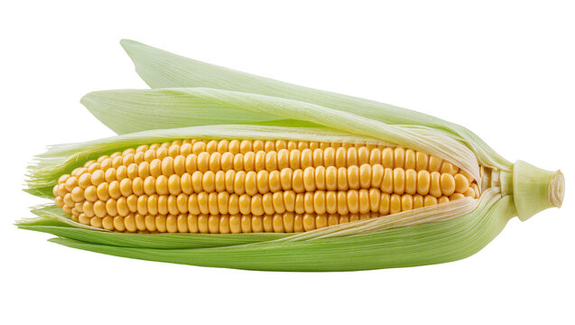Fresh yellow corn cob with green husks, isolated on transparent background
